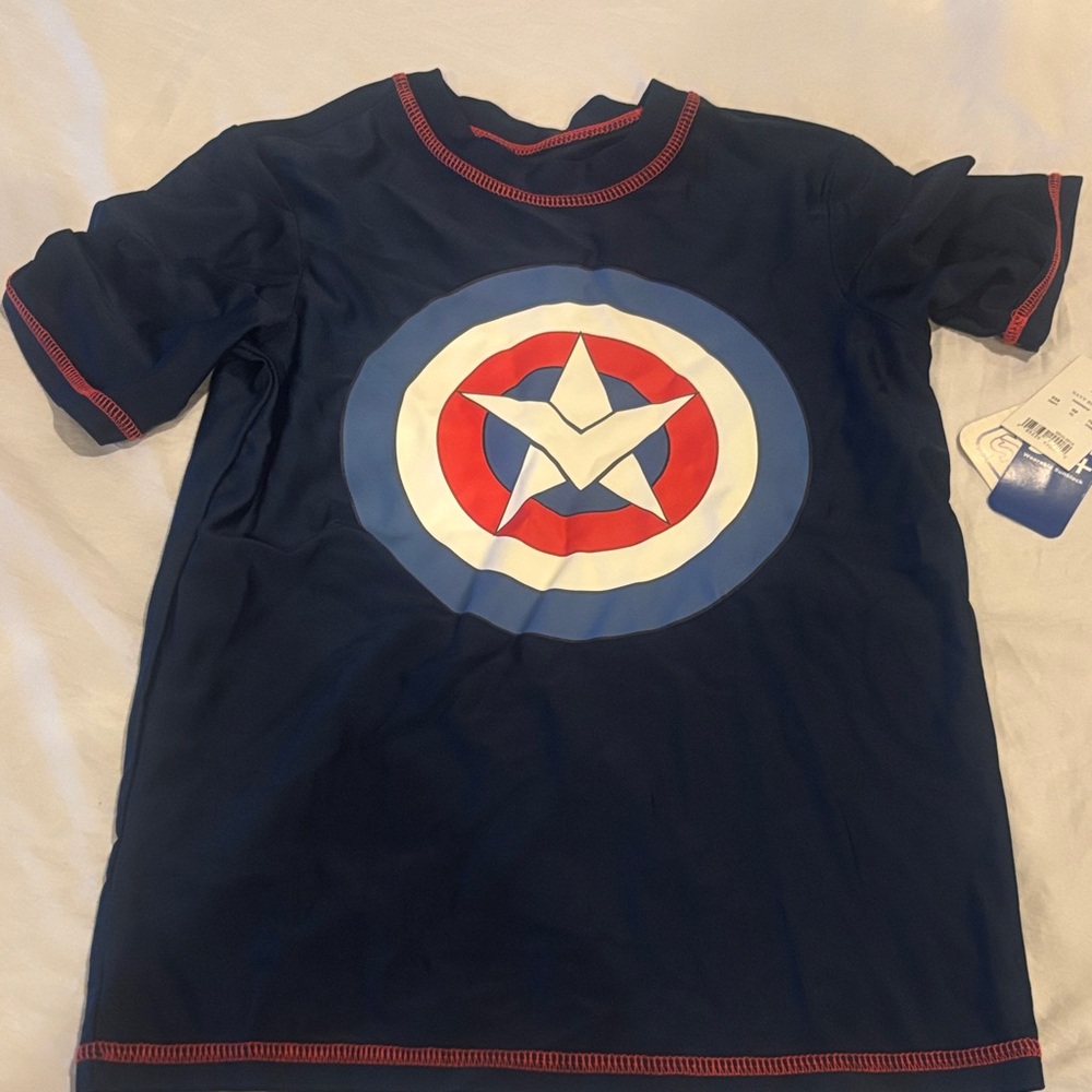 Marvel Boys Navy Blue Captain Shield Short Sleeve swim  Top